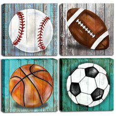 four pictures of different sports balls on wood