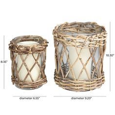 two wicker candle holders are shown with measurements