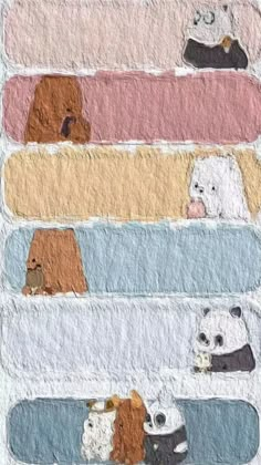 a drawing of pandas and other animals in different colors on a white brick wall