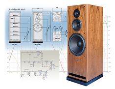 an image of a wooden speaker with blueprints