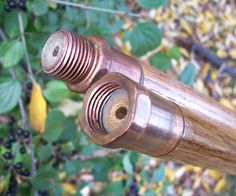 a close up view of an old wooden handle on a tree branch with leaves and branches in the background