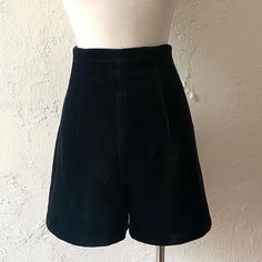 "So cute! Vtg 60s-ish velvet high waist shorts with lining and center back zipper. Made in Japan. XS, waist 24\" rise 15.5\" hip 34\" inseam 3.5\"" Vintage High Waist Black Shorts, Black Cotton High-waisted Shorts, Black High-waisted Cotton Shorts, Black High-waisted Shorts With Buttons, Black High-waisted Shorts With Button Closure, Small Mannequin, Disco Dress, High Waist Shorts, Knit Midi