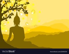 a buddha statue sitting under a tree at sunset