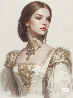 a digital painting of a woman in a white dress with gold jewelry on her neck