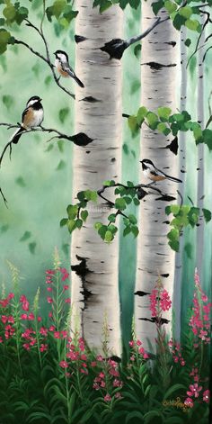 a painting of birds perched on the branches of birch trees with pink flowers in the foreground