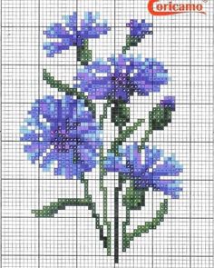 a cross stitch pattern with blue flowers on it