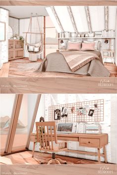 two pictures of a bedroom with white walls and wood flooring, one has a hammock hanging from the ceiling