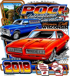 an image of a car show poster with two cars on the front and one in the back