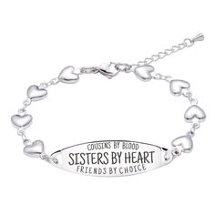 ♥ BEST COUSINS GIFTS ♥ - The engraved loving message "♥Cousins by blood, sisters by heart, friends by choice♥" will not fade, with clearly visible. A great matching bracelets for best friends♥ PERFECT SIZE:This Fashion Sister bracelets with Polished to a brilliant shine,measures 7 inches add 1.5 inches extender that secures with a lobster clasp. This length works great for just about all women! ♥PREMIUM QUALITY: linnalove Each sister bracelet is made of high-quality stainless steel, lead-free, n Personalized Heart Bracelet For Best Friend Gift, Engraved Heart Bracelet For Valentine's Day Friendship, Engraved Heart Bracelet For Friendship On Valentine's Day, Cute Matching Bracelets, Matching Bracelets For Best Friends, Sister Bracelets, Bff Bracelets, Best Friend Bracelets, Cousin Gifts