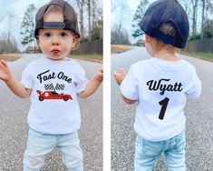 two pictures of a toddler boy wearing a hat and t - shirt that says, fast one