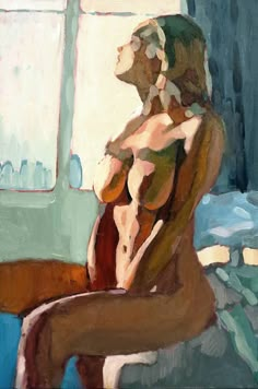 a painting of a naked woman sitting on a chair in front of a window and looking out the window