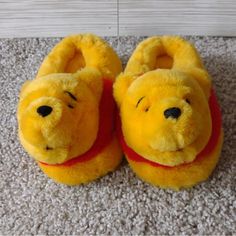 a pair of winnie the pooh slippers on carpet