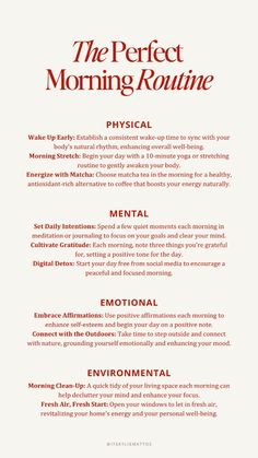 Kickstart your day with the Ideal Morning Routine. Nourish your physical wellness with a healthy breakfast and exercise, foster mental wellness with meditation and gratitude practice, nurture emotional wellness with self-affirmations, and promote environmental wellness by respecting your surroundings. Start your day right for an energized, productive, and peaceful day.  perfect morning routine, physical wellness, mental wellness, emotional wellness, environmental wellness, breakfast, exercise, meditation, gratitude practice, self-affirmations, respect for environment, energized day, productive day, peaceful day, women wealth and wellness club Healing Day Routine, Stay Energized All Day, Spiritual Day Routine, Healing Morning Routine, Morning Meditation Routine, Environmental Self Care, Peaceful Morning Routine, Morning Routine For Working Women, Ideal Day Routine