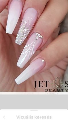 Bridal Gel X Nails, Wedding Nails For Bride Acrylic Coffin, Glamour Nails Sparkle Bling Bling, Pretty Ombre Nails Sparkle, Pink And White Nail Art, Pink And White Nail Designs, Pink And White Nails, Girls Nail Designs, Engagement Nails