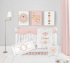 "Made just for your baby girl, you're going to LOVE this personalized baby girl crib bedding set! Perfect for any baby girl crib bedding, personalize this sun, moon and stars crib bedding set with your baby's name on these personalized sun crib bedding pieces for an adorable addition to your sun nursery, moon and stars nursery, or celestial nursery! Boasting with everything celestial baby themed, including stars, moons, suns, and more, what more could you want in your baby girl crib bedding?! ♥ Pink Galaxy Theme Nursery, Moon Baby Bedding, Moon And Flowers Nursery, Pink Celestial Nursery, Crib Bedding Sets Girl, Celestial Nursery Girl, Moon And Stars Nursery Girl, Luna Nursery, Moon Crib