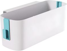 a white and blue plastic container on a white background with clippings to the side