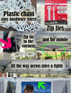 the instructions for how to install plastic chains on an awning and tie them together