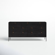 an image of a black dresser with brown knobs on the top and bottom drawers