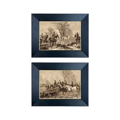 two framed pictures depicting men on horseback