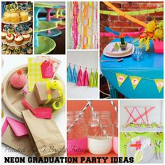 a collage of neon graduation party decorations and crafts for the graduate's luncheon