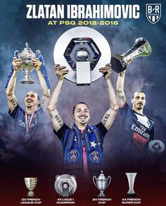 two men holding up trophies in front of their faces and the words zlatan ibramovic at psg 2013 - 2016