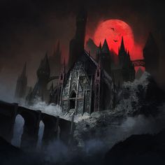 a painting of a castle in the dark with red light coming from it's windows