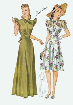 Vintage 1940s WWII Liddy Hop Dress Evening Gown Figue Flatterning Fitted Midriff Sewing Pattern Simplicity 3835 40s Swing Era Size 14 B 32 Simplicity 3835; ©1941; Daytime Dress and Nightgown. Style 1 is an attractive dress cleverly fashioned with simple details.. collarless neckline fastens in front under a crisp bow and the bodice is gathered to the skirt in a pointed seam above the waist. short sleeves are tucked t the lower edges and a belt extends from the side seams and ties in back.. II is 1940’s Dresses, 1940's Dress, Wwii Fashion, Attractive Dresses, 20th Century Fashion