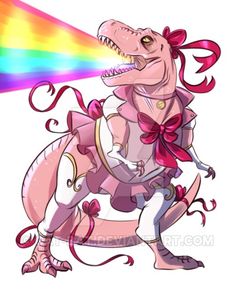 a drawing of a dinosaur with a rainbow in its mouth and an eye patch on it's chest