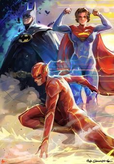 the flash and batman characters are depicted in this painting