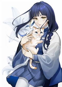 an anime character holding a cat in her arms