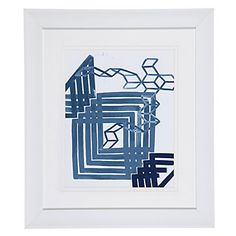 a blue and white painting in a white frame