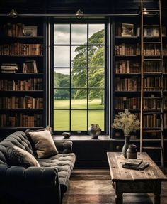 a living room with bookshelves and a couch in front of a large window