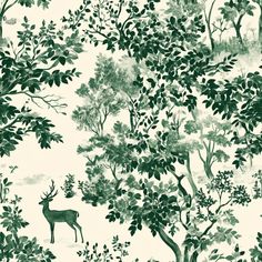 a green and white wallpaper with deer in the woods