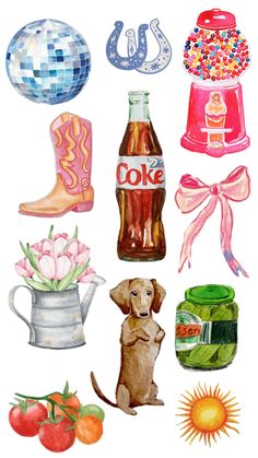 watercolor painting of various items that include boots, flowers, and soda bottles with a disco ball in the background