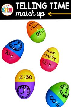 four colorful eggs with the words telling time match up written on them and an arrow pointing to