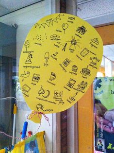 a yellow balloon that has drawings on it