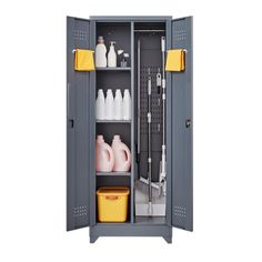 a gray locker with bottles and other items in it