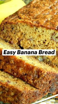 two slices of banana bread sitting on top of a cooling rack next to some bananas