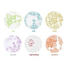 four different colored circles with the names of various streets in each circle, including high building and low - rise