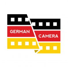 the german camera logo is shown in red, yellow and black with an arrow pointing to it