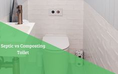 a white toilet sitting in a bathroom next to a green trash can with the words sepic vs composting toilet