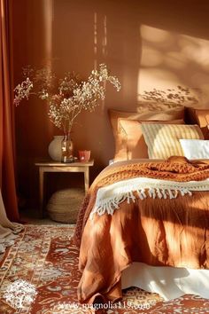 a bed with an orange comforter and pillows in a room that has curtains on the windows