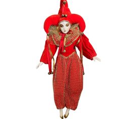 Vintage Pierrot Jester French Harlequin Jester Hat China Doll 14" Hand Painted Face & Feet Red Velvet & Gold Bells Harlequin Jester, Jester Makeup, Vintage Pierrot, Jester Hat, China Doll, Painted Face, China Dolls, Source Unknown, Face Painting