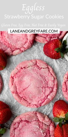 Birds Eye view of beautiful pink eggless strawberry sugar cookies surrounded by fresh strawberries. Raspberry Marshmallow Cookies, French Toast Cookies, Pie Shooters, Roadhouse Rolls, Swirl Cookies, Strawberry Sugar Cookies, Blueberry Lavender, Eggless Cookies, Angel Cookies