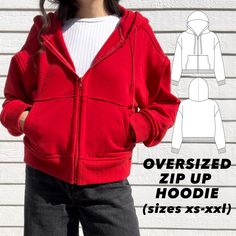 Zip Up Oversized Hoodie Level of Difficulty: Easy/Intermediate  The perfect oversized full zip hoodie, ideal for fluctuating temperatures and layering! Preferred fabric is medium - heavy sweatshirt material (ex. fleece, cotton fleece, French Terry). The pattern has ribbed sleeves cuffs and a ribbed hem, a double lined hood with a draw cord, and front pockets. This sewing pattern is designed for women, results may vary for menswear.  This pattern includes 6 sizes (xs-xxl). Size chart is available Sew Hoodie Pattern, Oversized Hoodie Pattern, Hoodie Sewing Pattern Free, Hoodie Sewing, Hoodie Sewing Pattern, Oversized Zip Up Hoodie, Pattern Hoodie, Fiber Crafts, Hoodie Pattern