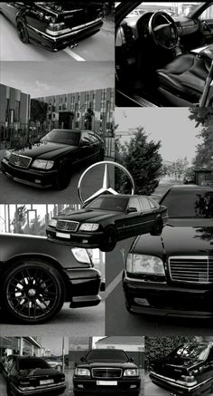 black and white photographs of cars parked on the street