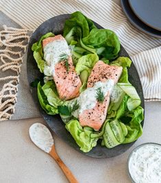 salmon and cucumber salad with ranch dressing in a bowl on a tablecloth