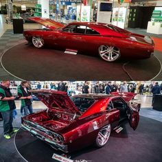 two pictures of cars on display at an auto show, one is red and the other is black