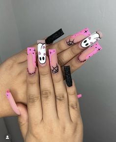 Holloween Nails, Halloween Acrylic Nails, Acrylic Nails Coffin Pink, Nails Halloween, Long Square Acrylic Nails, Halloween Nail Designs, Pink Halloween, Pink Acrylic Nails, Square Acrylic Nails