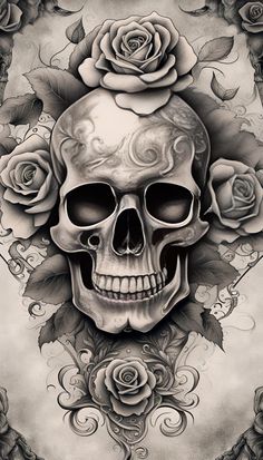 a drawing of a skull with roses on it